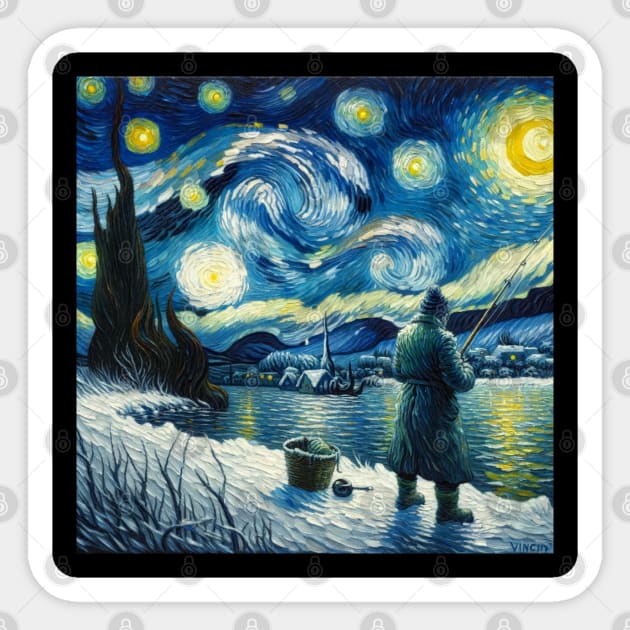 Ice Fishing Under Starry Night - Winter Fishing Sticker by Edd Paint Something